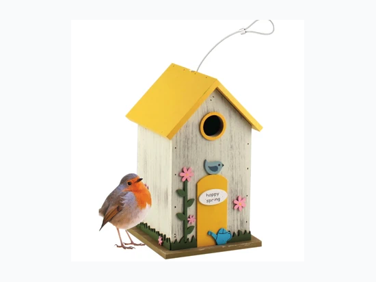 10.75" Wood Happy Spring Yellow Roof Hanging Birdhouse Feeder