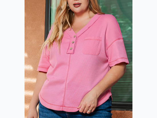 Plus Size Pink Waffle Knit Exposed Seam V Neck Henley - SIZE 1X