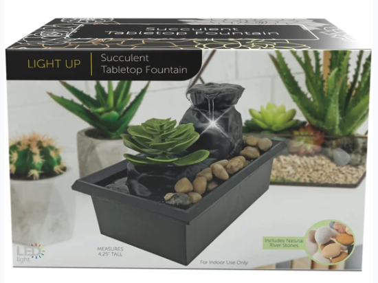 Battery-Operated LED Succulent Tabletop Fountain with Cobblestones