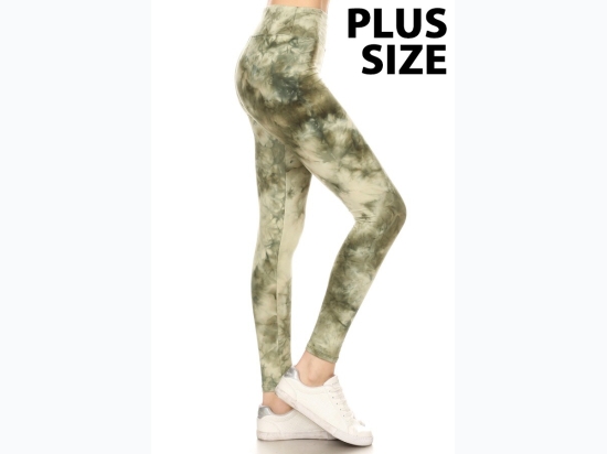 Women's Plus Yoga Style Green Tie-Dye Fitted Leggings - One Size Fits Most - 1X-2X