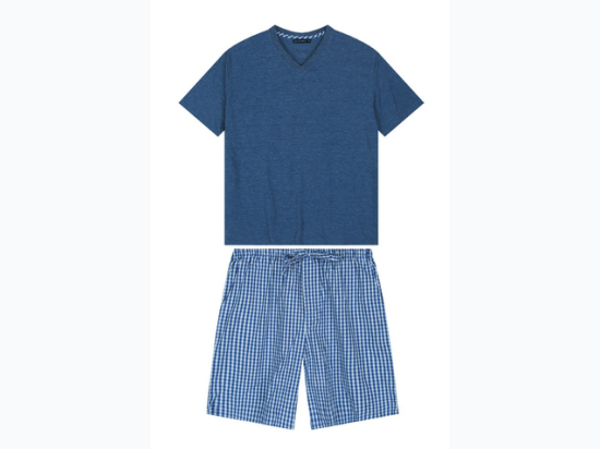 Mens Premium Cotton Boxer Short & V-Neck T Lounge Set in Navy Plaid