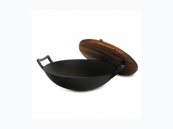 MegaChef 2 Piece 14 Inch Heavy Duty Cast Iron Wok with Wood Lid