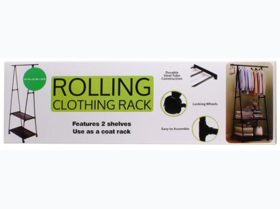 60" Tall Rolling Clothing Rack with 2 Bottom Organizing Shelves