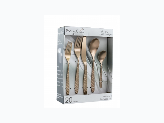 MegaChef La Vague 20 Piece Flatware Utensil Set, Stainless Steel Silverware Metal Service for 4 in Matte Rose Gold