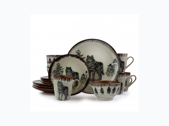 Elama Majestic Wolf 16 Piece Luxurious Stoneware Dinnerware