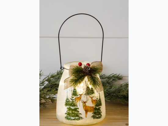 Frosted Glass Luminary with Handle - Deer in Forest