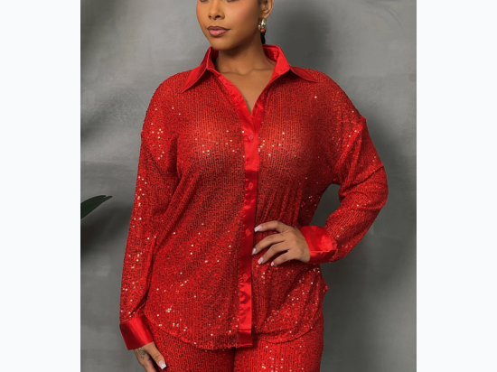 Women's Sequined Long Sleeve Button Down Blouse - 2 Color Options