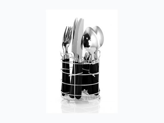 Gibson Sensations II 16 Piece Stainless Steel Flatware Set with Black Handles and Chrome Caddy