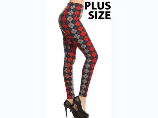 Women's Plus Red/Grey Argyle Leggings - One Size Fits Most - Sizes 12 - 18