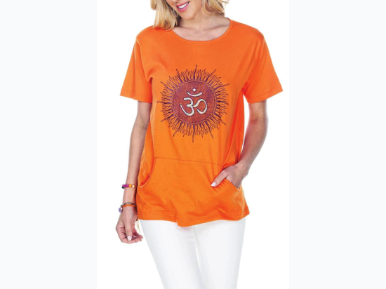 Women's Sun Graphic & Embroidered "Om" Top w/ Kangaroo Pocket