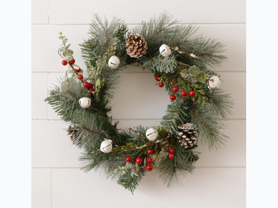 Mini Wreath - Glittered Pine With Berries And Bells