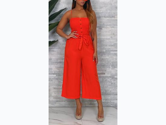 Junior's Spaghetti Strap Wide Leg Jumpsuit in Orange - SIZE M