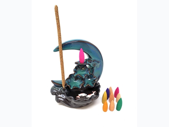 Two-Tone Moon & Koi Ceramic Backflow Cone/Incense Burner w/ Cones - 7" H