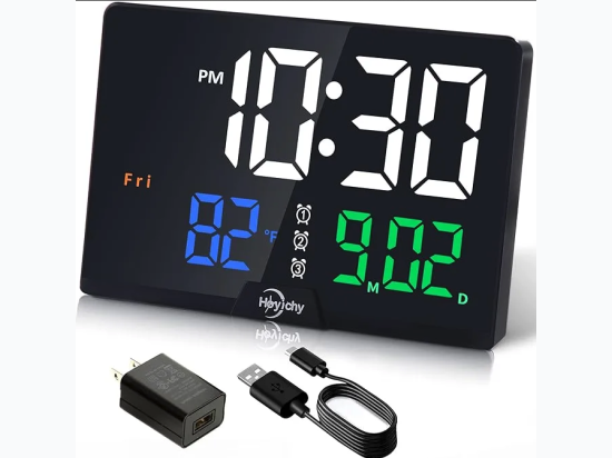 Digital Alarm Clock- Large Number LED Display – Calendar – Date – Temperature – Colored Digits