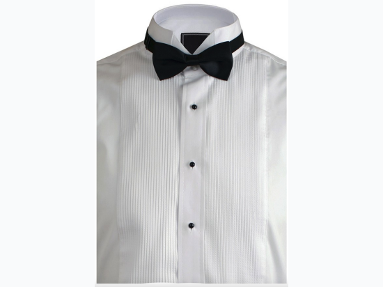 Men's White Wing Collar Tuxedo Shirt 1/8 Pleat with Bowtie