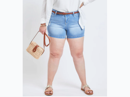 Plus Size Distressed Wannabettabutt 1-Button Side Slit Hem Shorts in Light Wash