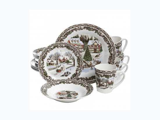 Gibson Home Christmas Toile 16 Piece Dinnerware Set