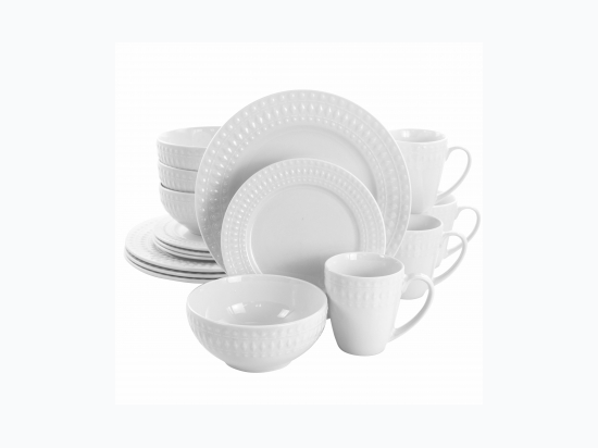 Elama Cara 16 Piece Round Porcelain Dinnerware Set in White