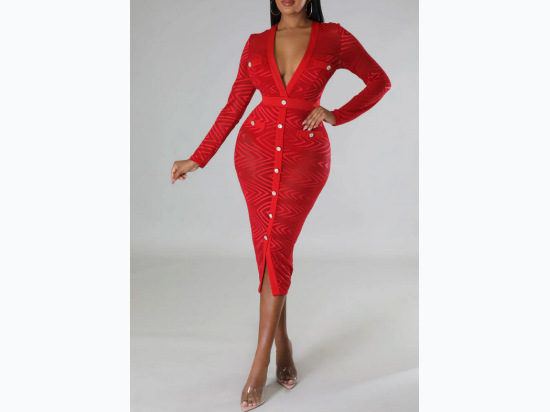 Junior's Mesh Button Detail Dress in Red