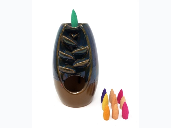 Two-Tone Waterfall Ceramic Backflow Incense Cone Burner w/ Cones - 7.5" H