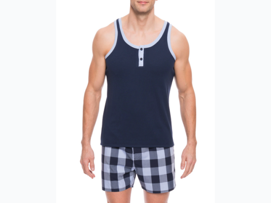 Men's Premium Cotton Boxer Tank Top Lounge Set in Gingham Blue