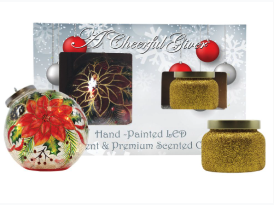 Hand Painted LED Ornament & Candle Gift Set - Poinsettia