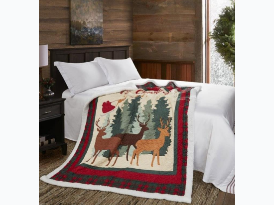 Virah Bella®  - Primitive Quilted Sherpa Throw - Christmas Deer