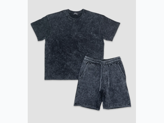 Men's Acid Washed Tee & Flc Shorts Set in Black