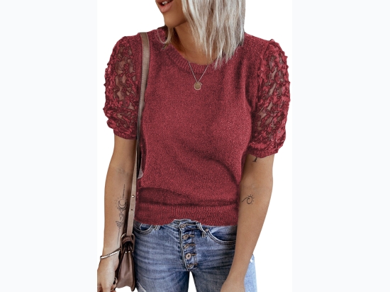 Womens Puff Sheer Lace Sleeve Knit Short Sleeve Top - RED - SIZE XL