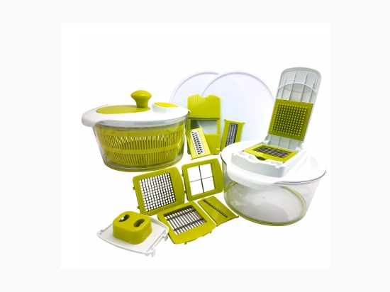 MegaChef 10-in-1 Multi-Use Salad Spinning Slicer, Dicer and Chopper with Interchangeable Blades and Storage Lids