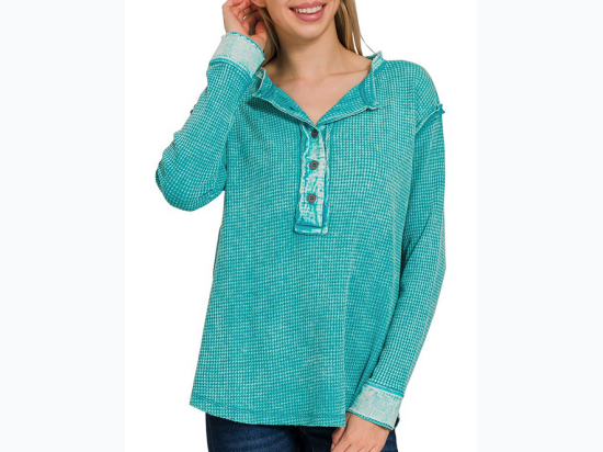 Women's Washed Baby Waffle Long Sleeve Henley - 2 Color Options