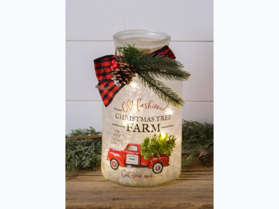 Frosted Glass Luminary With Bow - Christmas Tree Farm