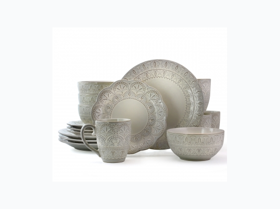 Elama White Lace 16 Piece Luxurious Stoneware Dinnerware with Complete Setting for 4