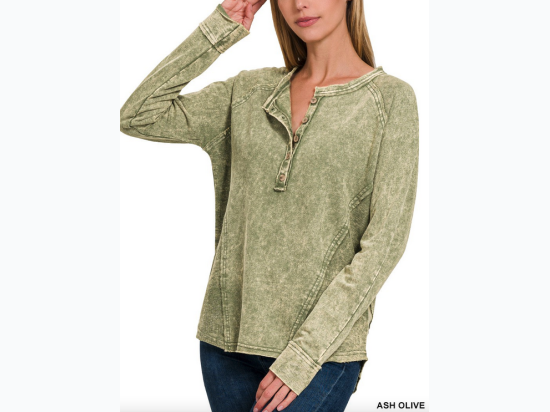 Women's Washed French Terry Raglan Henley Top - 3 Color Options