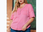 Plus Size Pink Waffle Knit Exposed Seam V Neck Henley - SIZE 1X