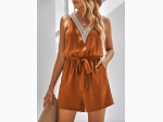 Women's Contrast Neckline Belted Sleeveless Pockets Romper - 2 Color Options