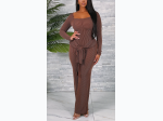 Junior's Ribbed Long Sleeve Jumpsuit with Front Tie - 2 Color Options