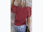 Womens Puff Sheer Lace Sleeve Knit Short Sleeve Top - RED - SIZE XL