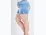 Plus Size Distressed Wannabettabutt 1-Button Side Slit Hem Shorts in Light Wash