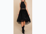 Women's Velvet Elastic Waistband Hi-Low Midi Skirt With Lace Detail - 2 Color Options