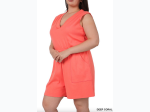 Plus Size Sleeveeless Cotton Romper With Pockets - 3 Color Options