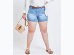 Plus Size Distressed Wannabettabutt 1-Button Side Slit Hem Shorts in Light Wash