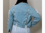 Women's Lace Up Detail Denim Button Jacket in Light Denim