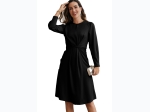 Women's Black Twist Front Tie Back Long Sleeve Satin Dress in Black