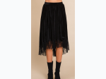 Women's Velvet Elastic Waistband Hi-Low Midi Skirt With Lace Detail - 2 Color Options