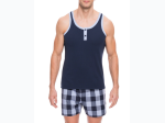 Men's Premium Cotton Boxer Tank Top Lounge Set in Gingham Blue