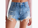 Women’s Famous Maker Distressed Vintage High Rise Denim Shorty Shorts With Inner Crochet Detail - Close Out Special