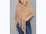 Women's Cage With Ribbed Knit Thick Fringed V-Neck Poncho - 6 Color Options