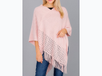 Women's Cage With Ribbed Knit Thick Fringed V-Neck Poncho - 6 Color Options