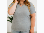 Plus Size Grey Crisscross Ribbed Knit T-shirt